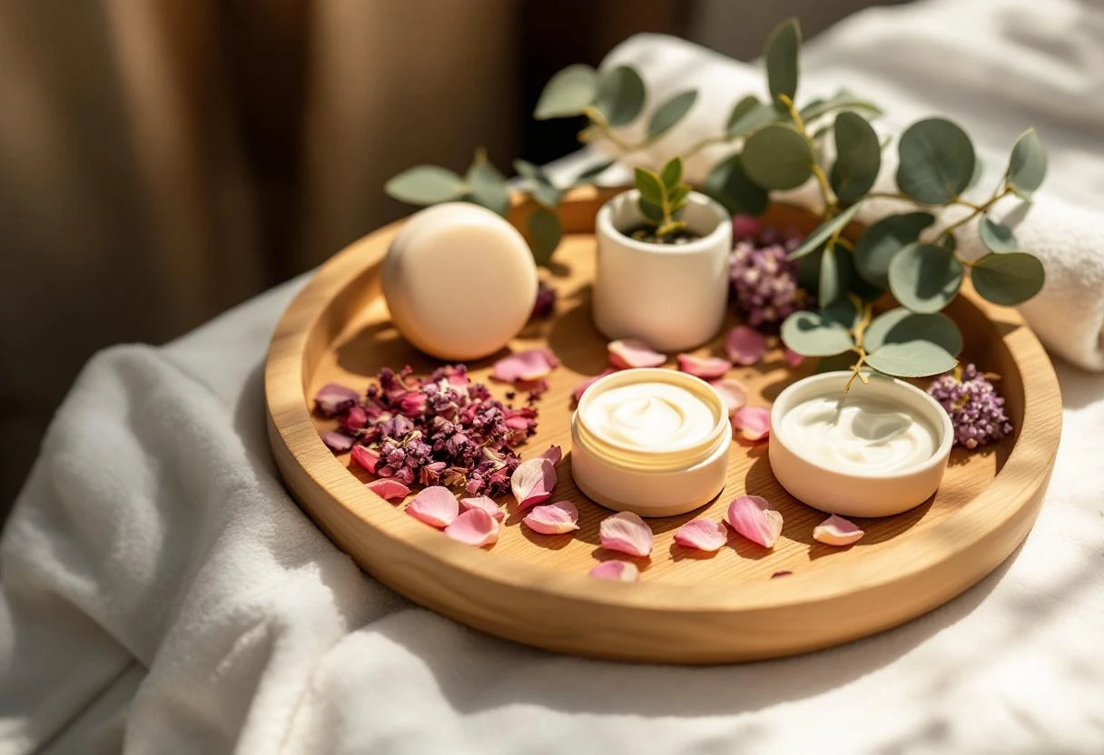 Produits de soins naturels et fleurs sur une surface en bois clair