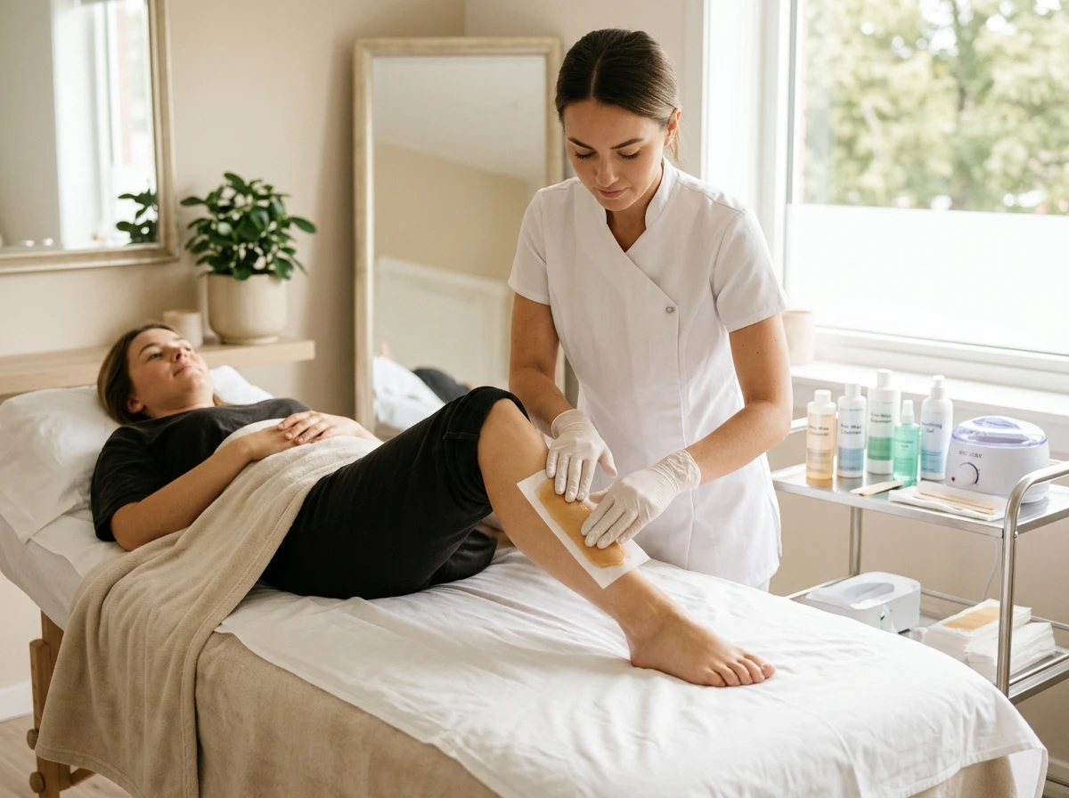 Séance d'épilation à la cire dans un cadre professionnel et apaisant