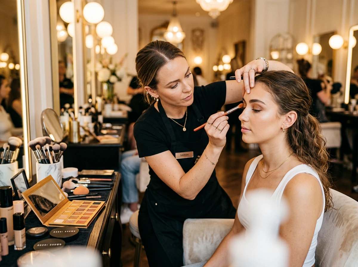 Séance de maquillage professionnel avec application délicate de fard